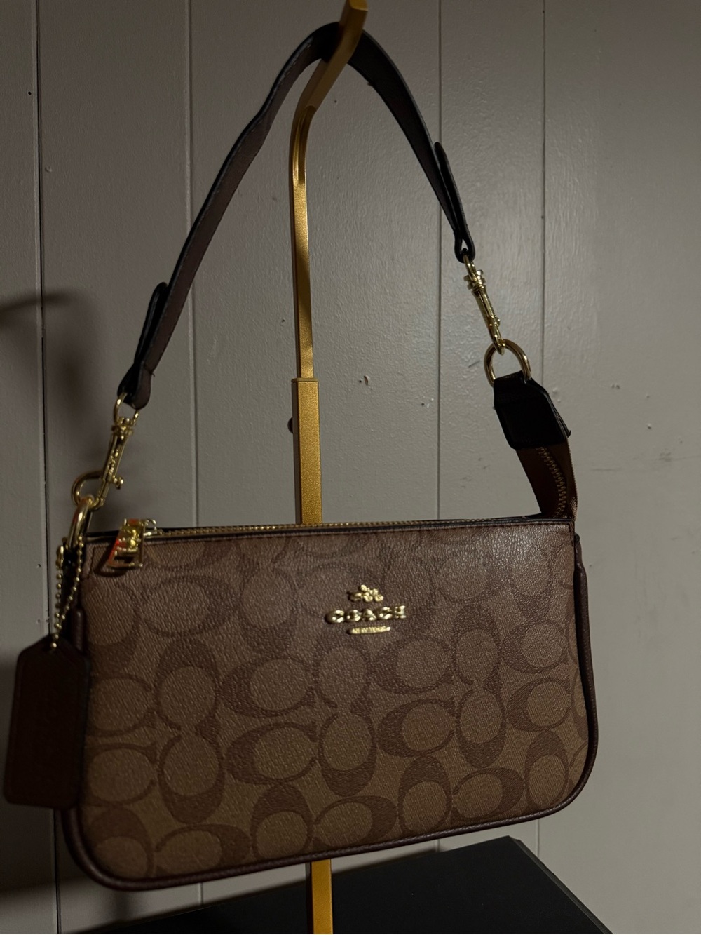 Coach Brown Signature Mini Shoulder Bag with Gold Hardware